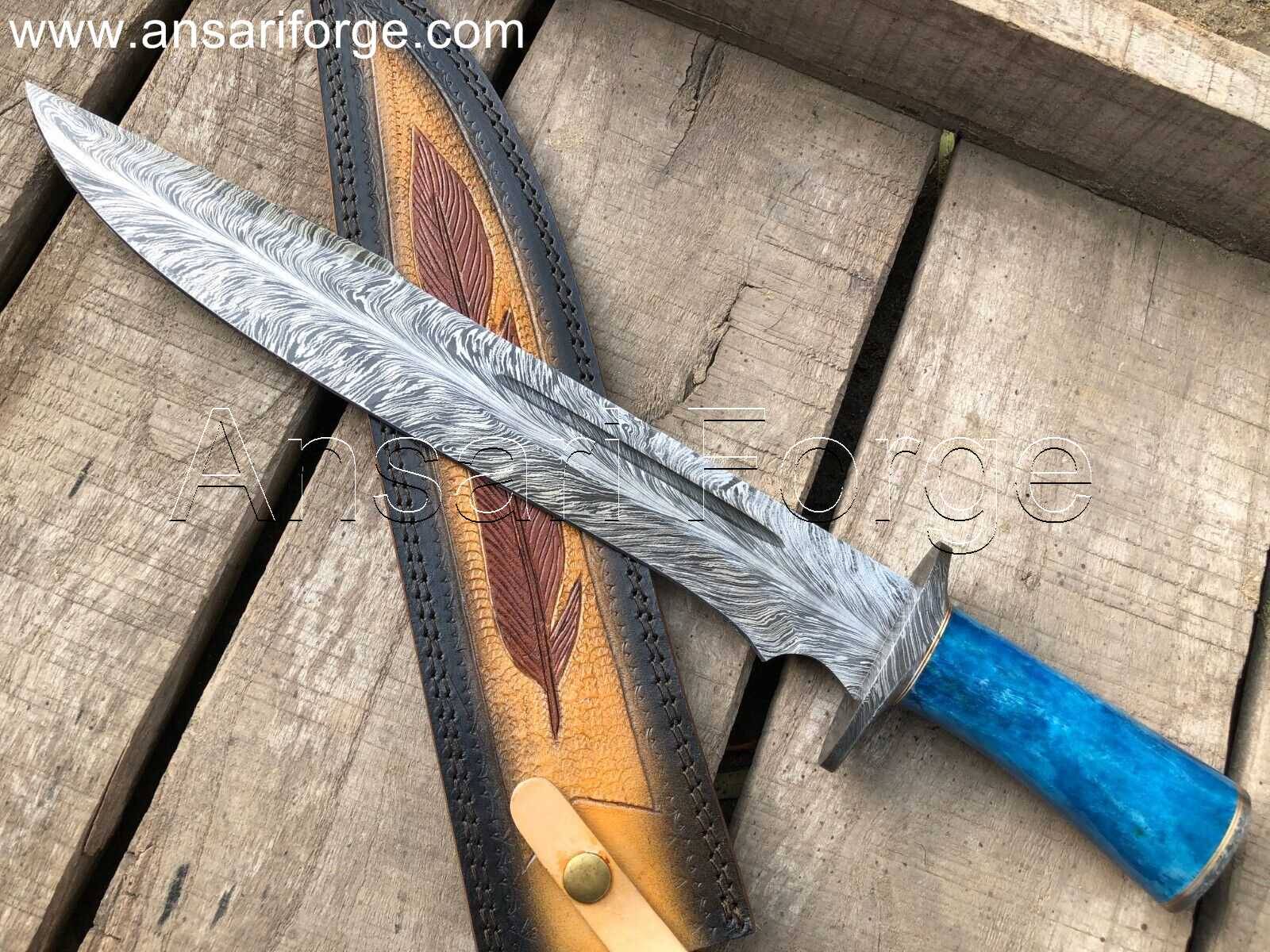 Feather Damascus Bowie Knife with Hand-Forged Damascus Steel Blade, Camel Bone Handle, and Custom Scrimshaw Artwork on Cowhide Leather Sheath