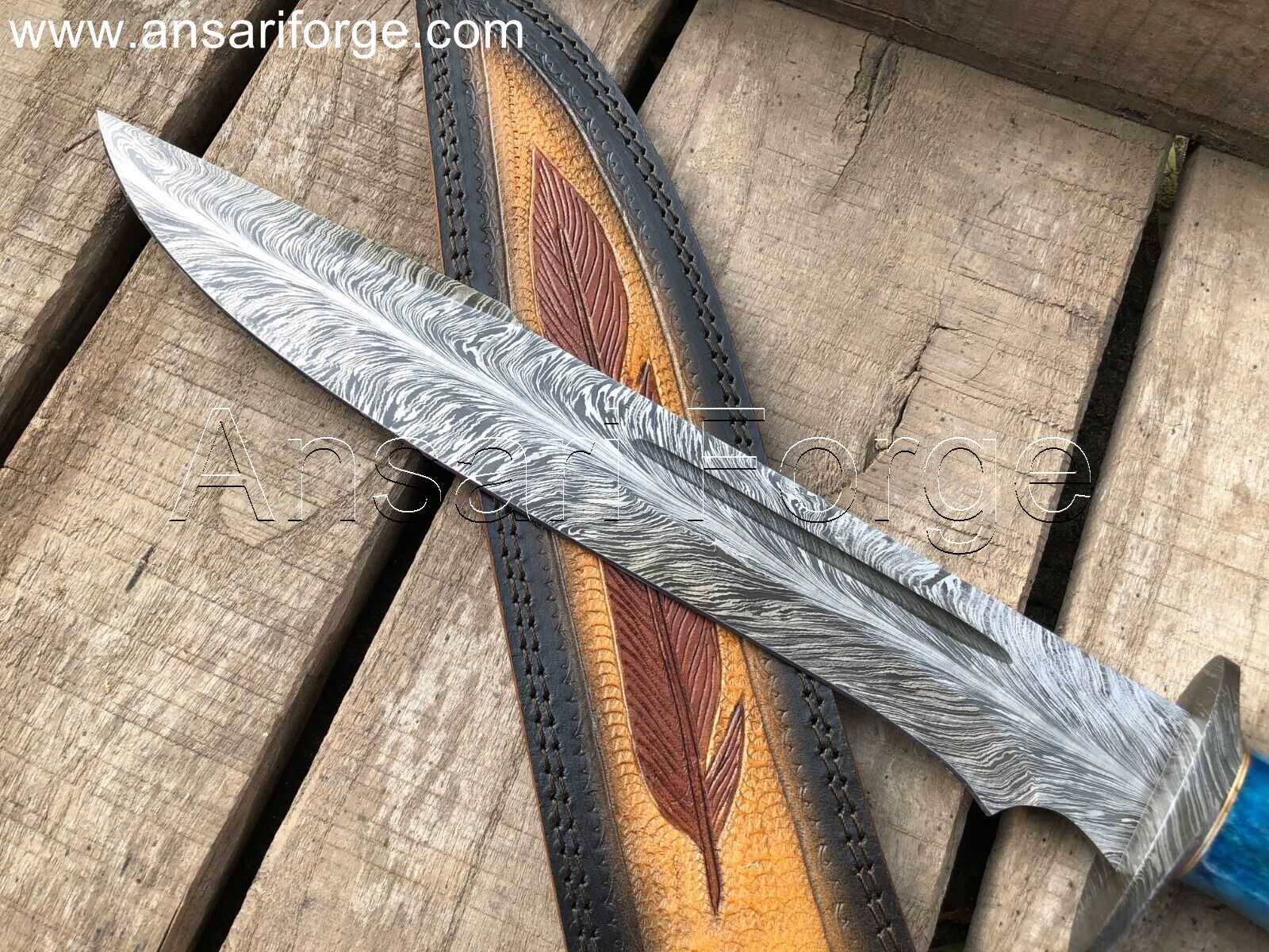 Close-up of Feather Damascus Bowie Knife Blade with 512 Layers
