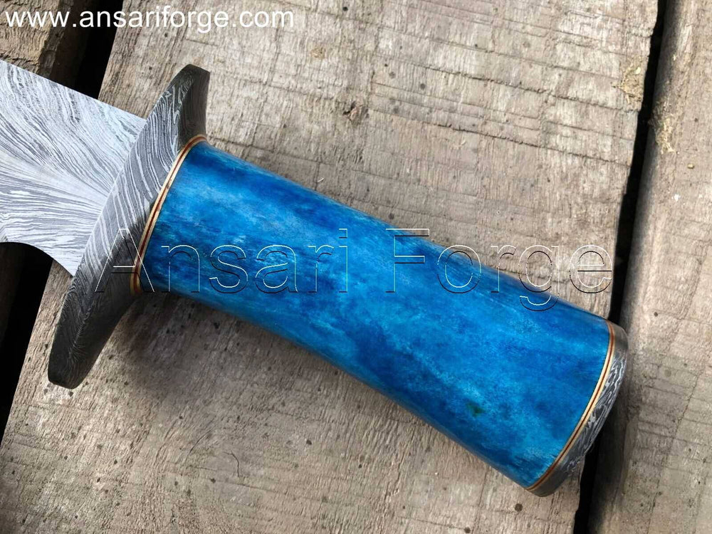 Feather Damascus Bowie Knife with blue colour camel bone handle.