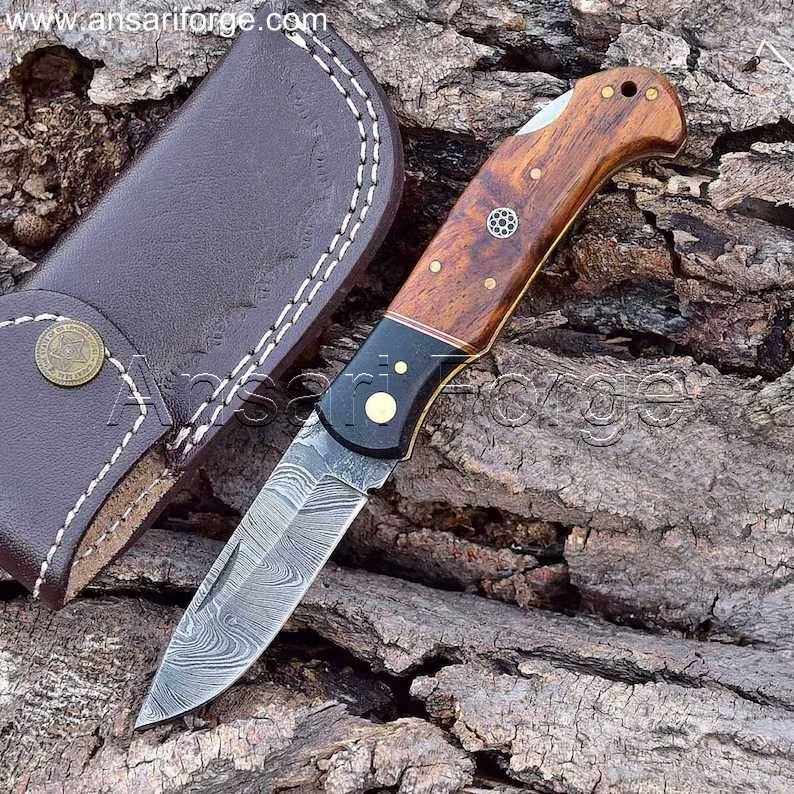 Damascus Folding Knife, Tactical EDC Folder With Sheath