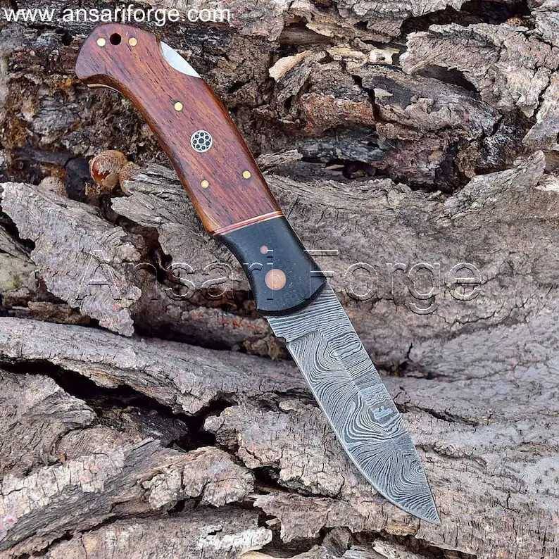 Custom Damascus Steel Folding Knife with Burl Rosewood handle