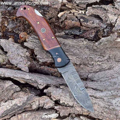 Custom Damascus Steel Folding Knife with Burl Rosewood handle