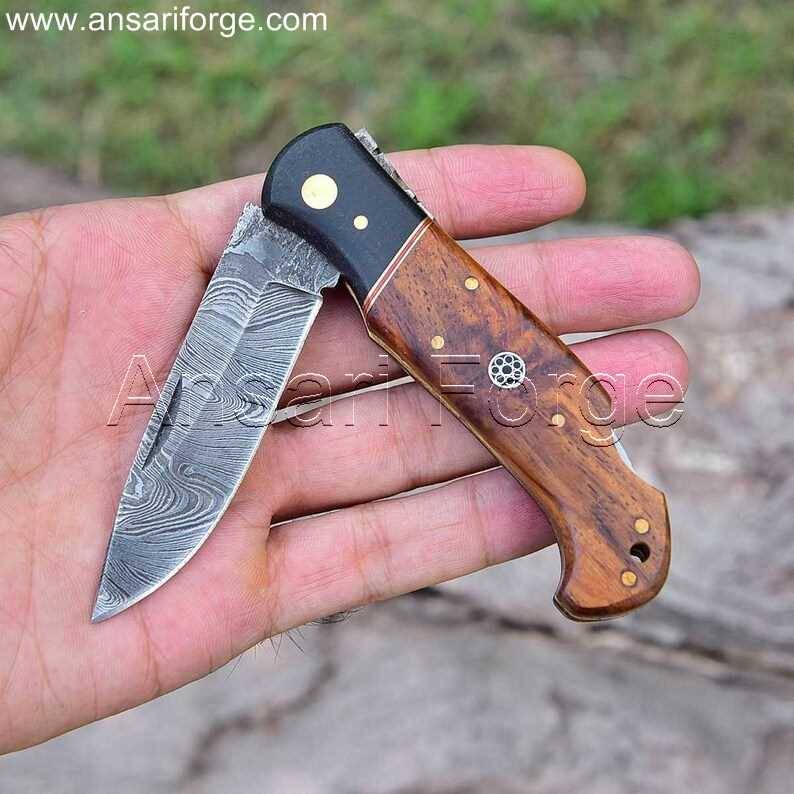 Best custom Damascus Folding Knife for sale with Burl Rosewood handle