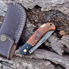 EDC Damascus Folding Knife with 58 HRC hardness & leather sheath.