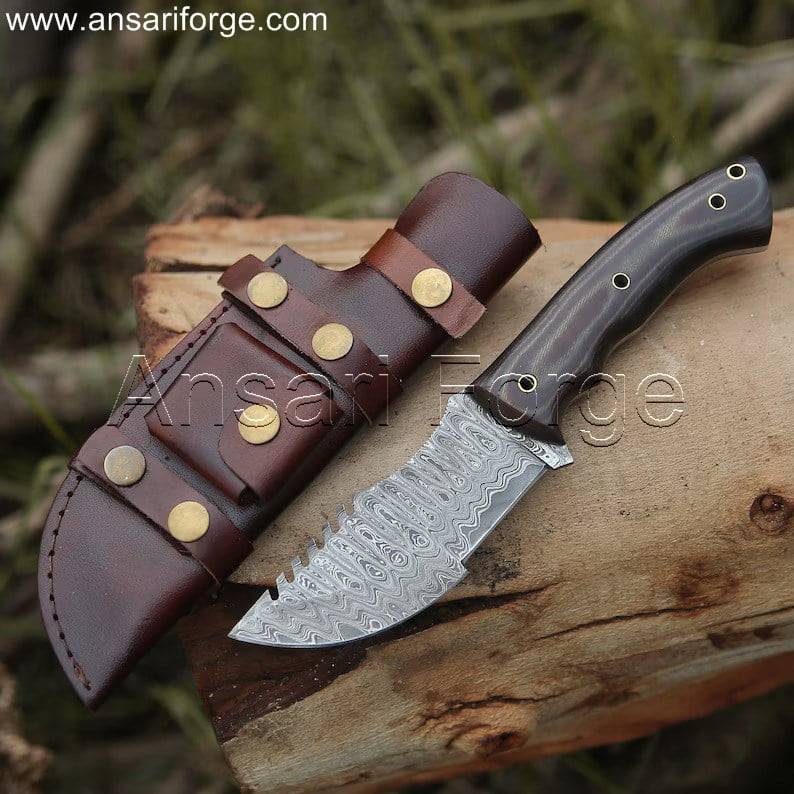 Tracker Knife - Hand-forged Damascus steel blade with ladder pattern for beauty and durability.