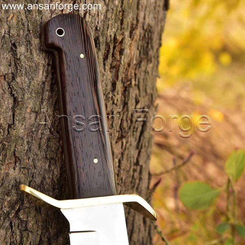 Custom Bowie Knife - Wenge wood handle for comfort and grip, brass guard for hand protection.