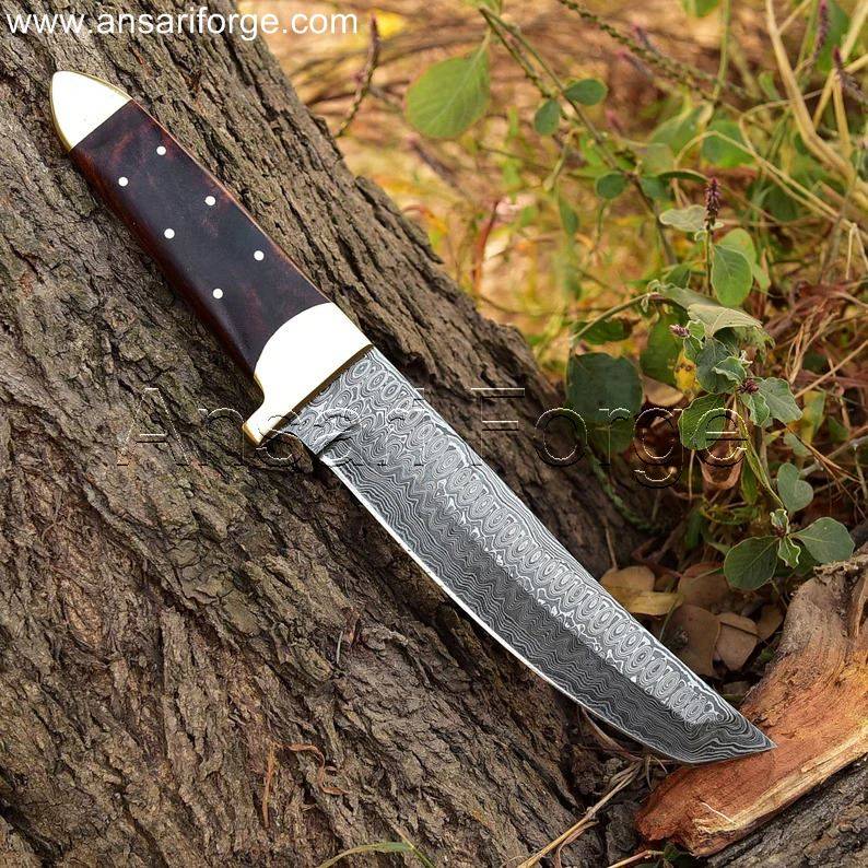 Full Tang Fixed Blade Damascus Tanto Knife with Twist Pattern , Brass bolsters & walnut wood handle.
