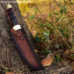 Shoto Handmade Damascus Tanto Knife in Cowhide Leather Sheath.