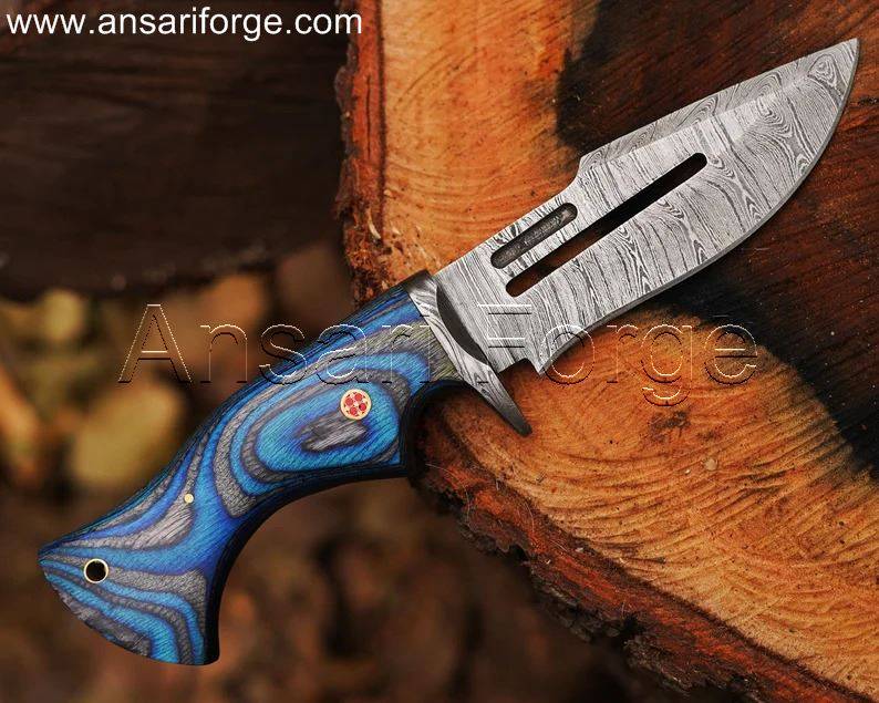 Handmade Damascus Hunting Knife with a 5.0-inch twist pattern blade and Pakka wood handle, displayed with a real cowhide leather sheath.