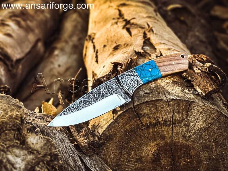 Custom Engraved Knife For Dad, Son Or Men with Turquoise Stone and Olive Wood Handle