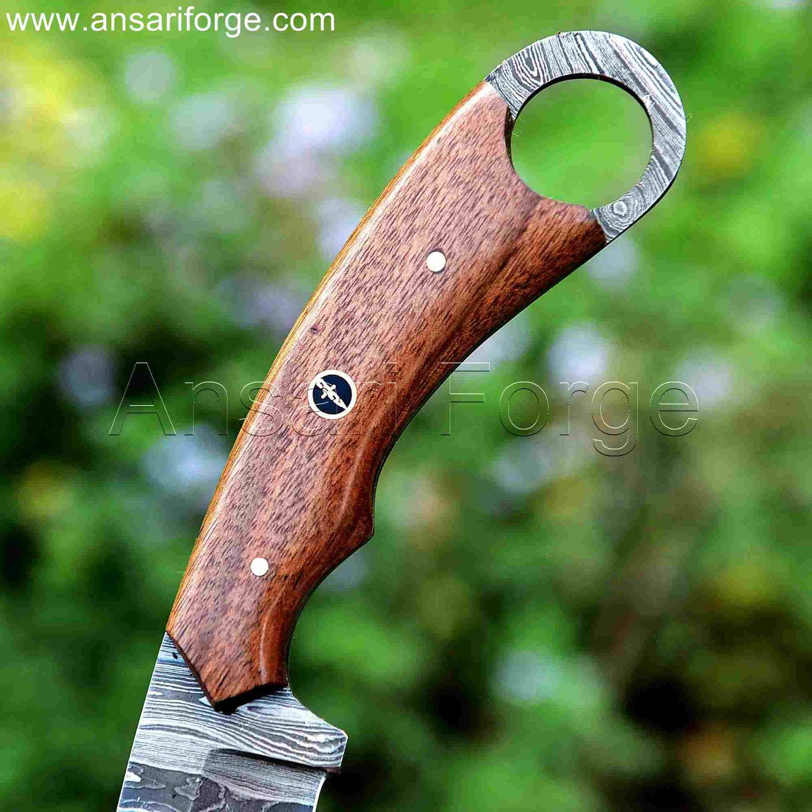 The Claw: fixed blade Best Damascus backpacker knife with finger hole and drop point design