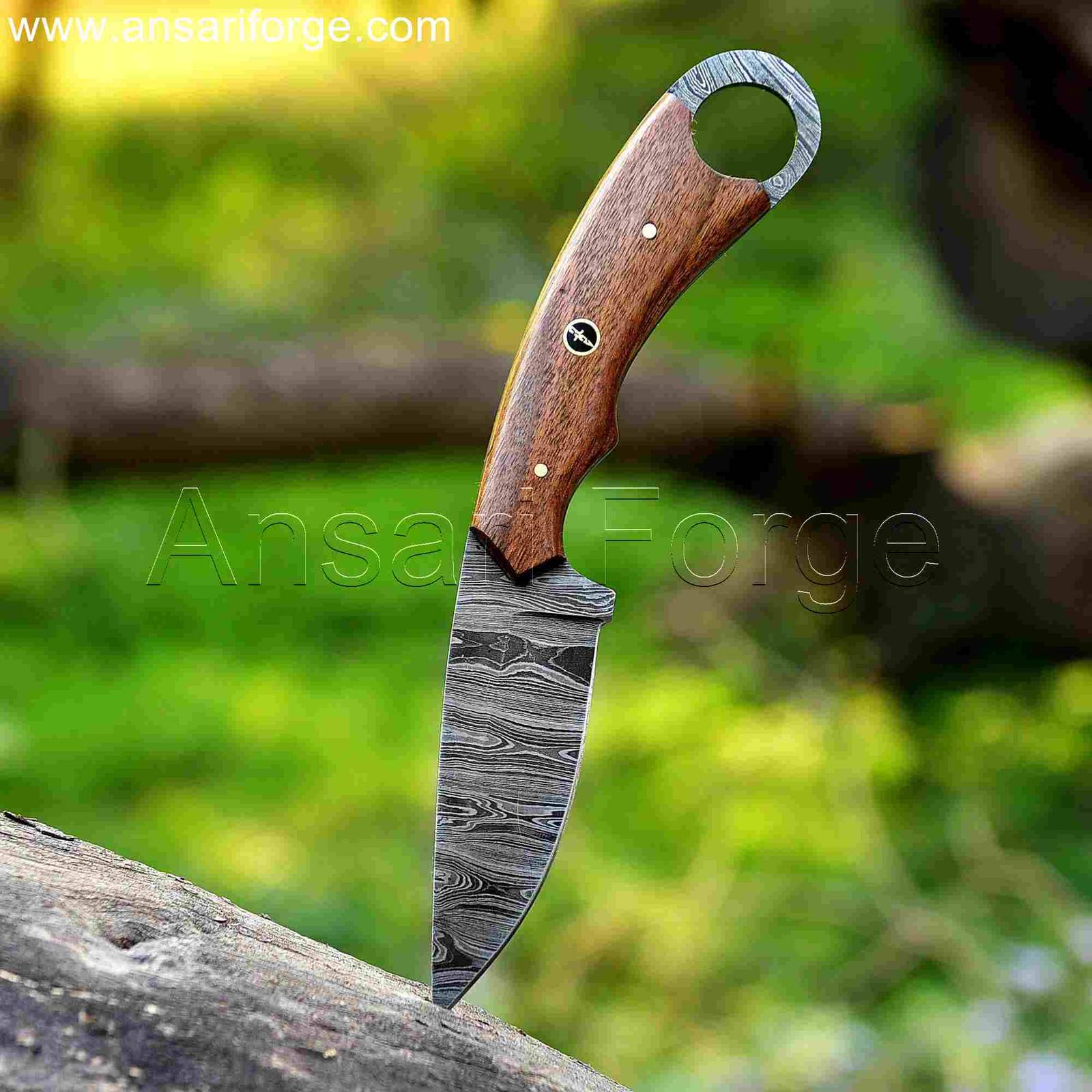Damascus Backpacker Knife with twist pattern blade and walnut wood handle