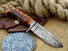 9.5" Inches Hand Forged Special Feather Damascus Steel Hunting Knife + leather sheath