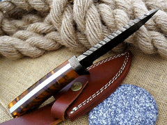 9.5" Inches Hand Forged Special Feather Damascus Steel Hunting Knife + leather sheath