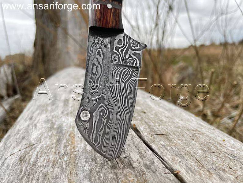 Hand-forged Damascus Bushcraft Knife with Raindrop Pattern, Pakkawood Handle & Leather Sheath