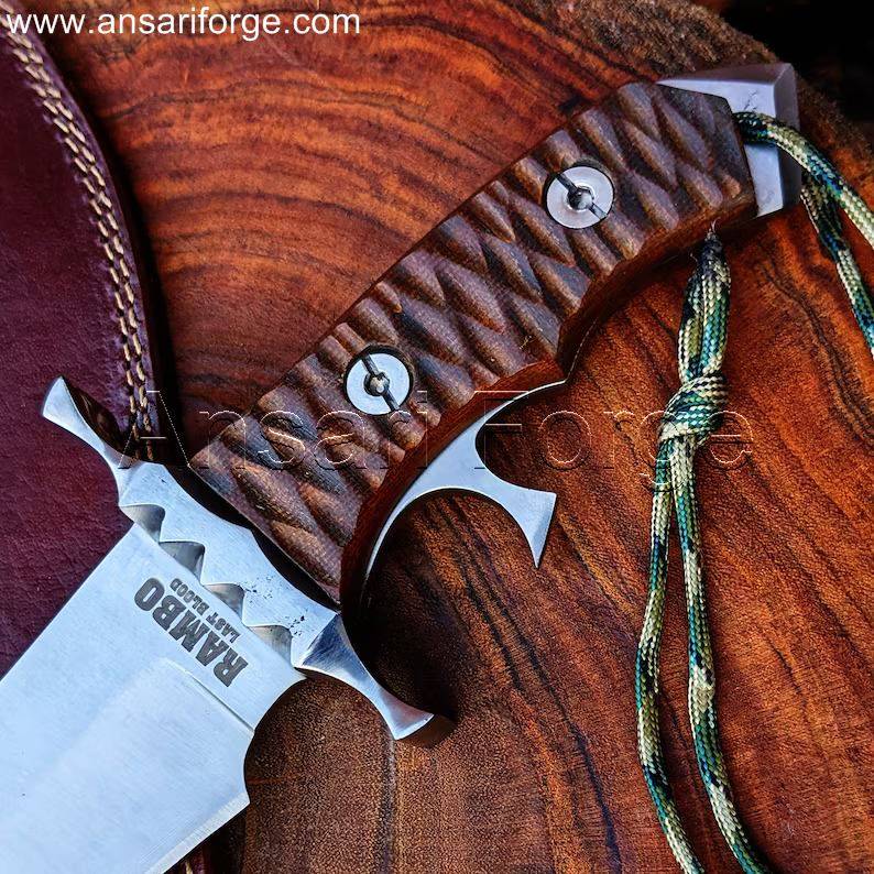 Ansari Forge Heartstopper Rambo Bowie Knife - Hand-forged D2 steel blade, G10 Jigged Micarta handle, leather sheath.