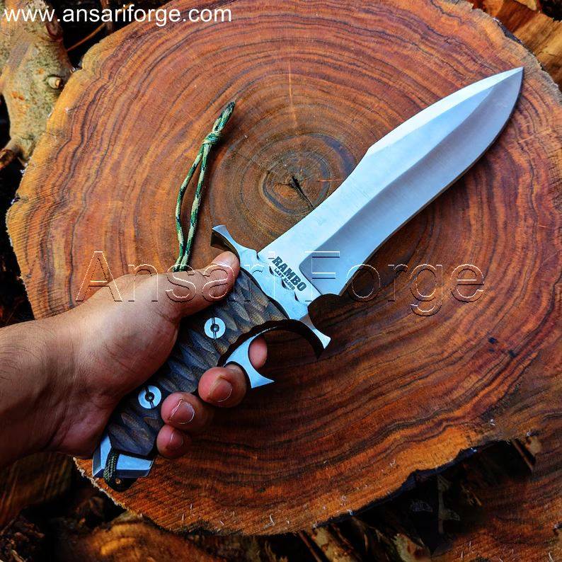 Ansari Forge Heartstopper Rambo Bowie Knife - Hand-forged D2 steel blade, G10 Jigged Micarta handle, leather sheath.