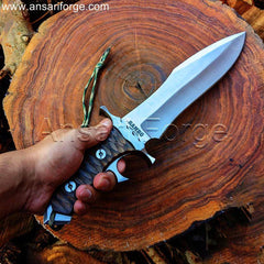 Ansari Forge Heartstopper Rambo Bowie Knife - Hand-forged D2 steel blade, G10 Jigged Micarta handle, leather sheath.