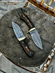 Hand Forged Damascus Hunting Knives Pair - Custom Handmade Fixed Blade Knives for Hunting, Camping, and Survival.