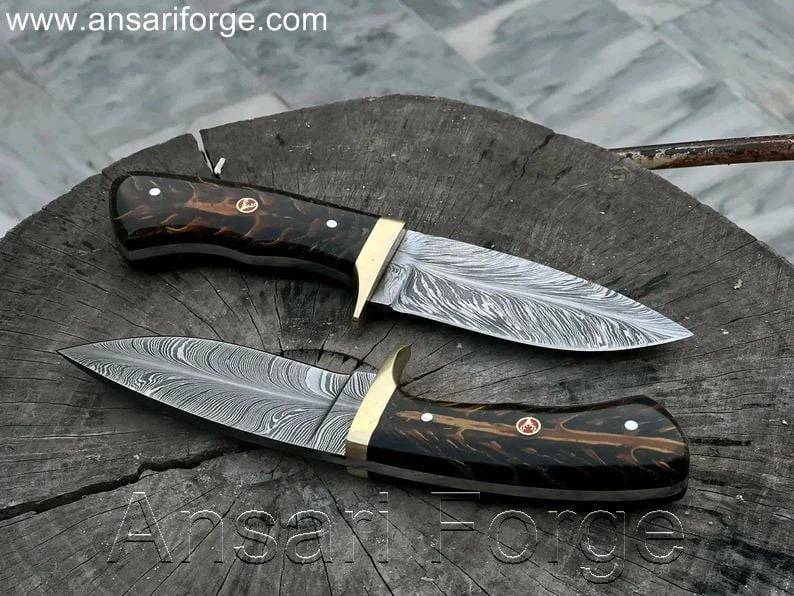 Hand Forged Damascus Hunting Knives Pair with Pine Cone Handles and Feather Pattern Blades