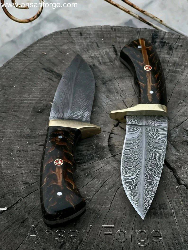 Custom Handmade Fixed Blade Hunting Knives with Damascus Steel and Cowhide Leather Sheaths