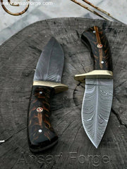 Custom Handmade Fixed Blade Hunting Knives with Damascus Steel and Cowhide Leather Sheaths