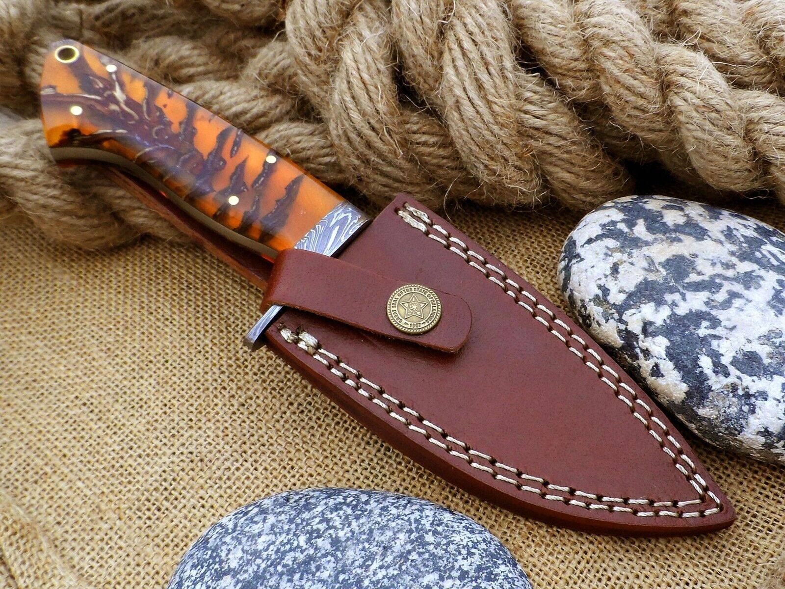 9.5" Inches Hand Forged Special Feather Damascus Steel Hunting Knife + leather sheath