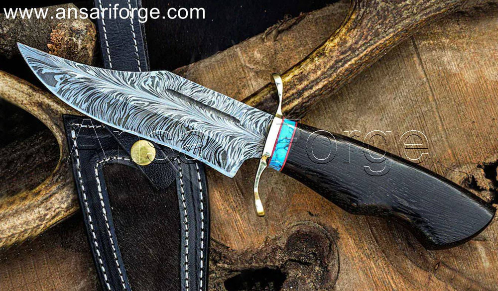 black panther Handmade Feather Damascus Steel Bowie Hunting Knife with leather sheath & Ebony wood handle