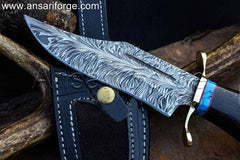 Close-up of the Handmade Feather Damascus Knife's 7.0-inch blade with 480 layers and a 56 HRC hardness rating.