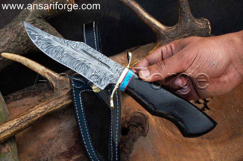 Handmade Feather Damascus Knife, Black Panther - Hand-forged Damascus steel blade, ebony wood handle, and leather sheath.
