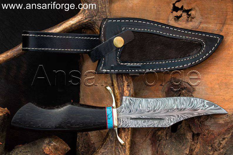 Ebony wood handle and brass guard of the Handmade Feather Damascus Knife - Black Panther.