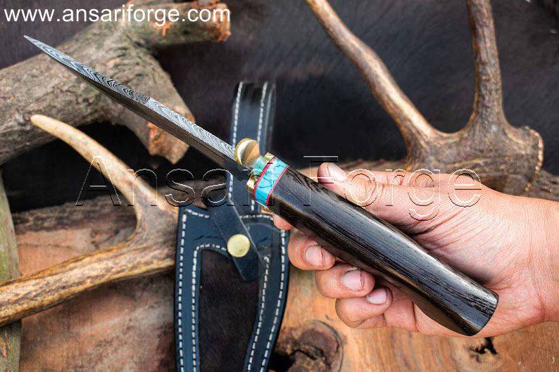 Ebony wood handle and brass guard of the Handmade Feather Damascus Knife - Black Panther.
