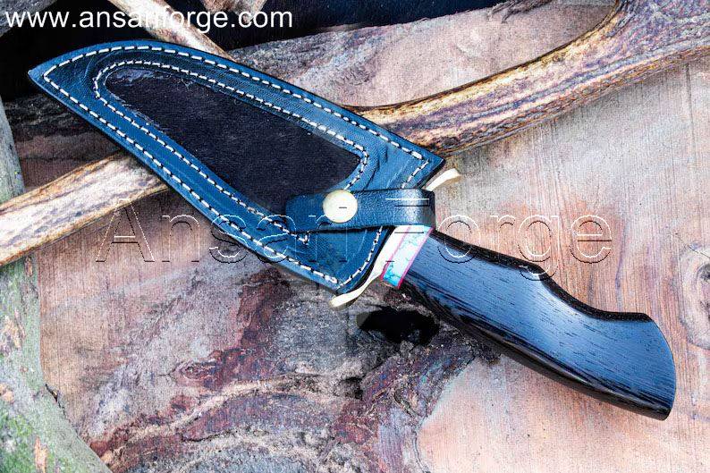 Handmade Feather Damascus Knife, Black Panther - Hand-forged Damascus steel blade, ebony wood handle, and leather sheath.