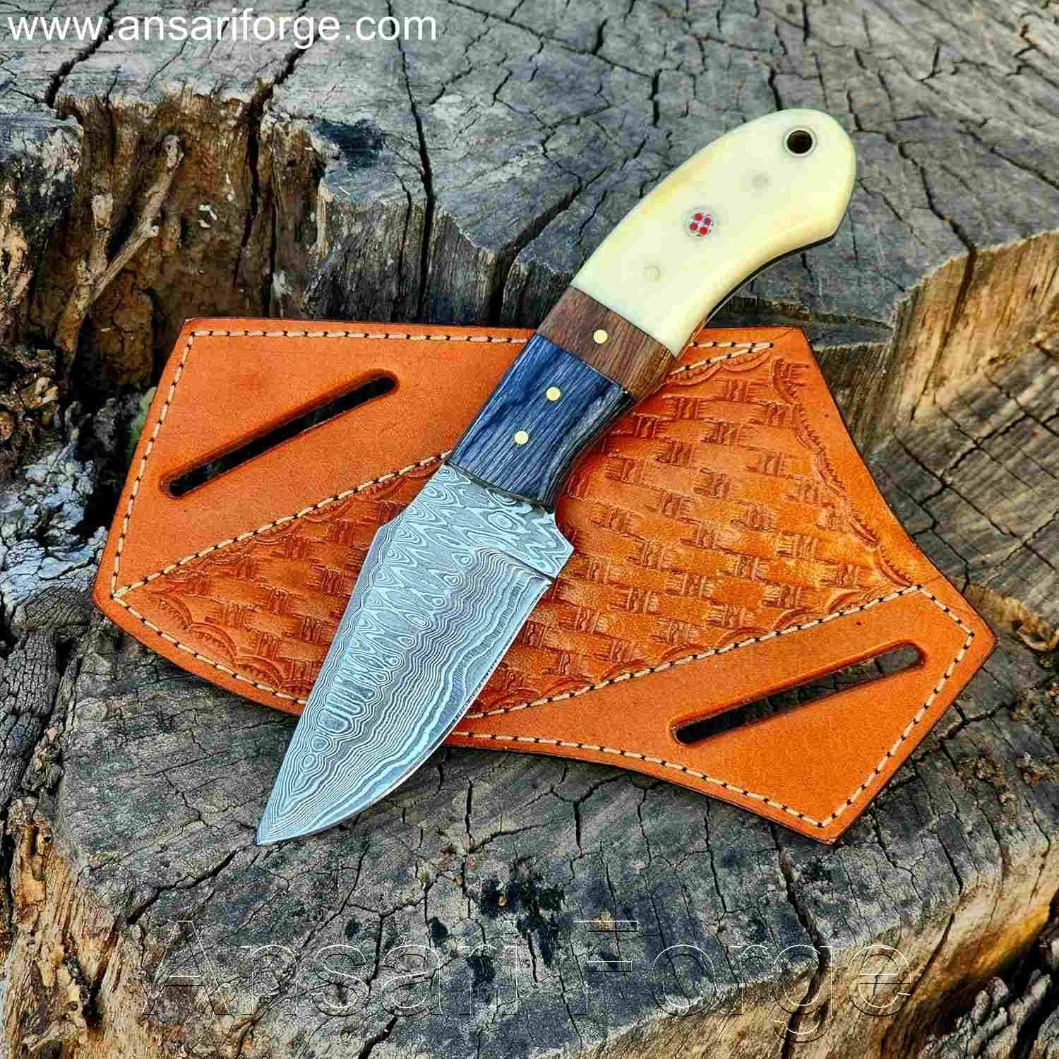 Damascus Steel Cowboy Knife With Horizontal Sheath