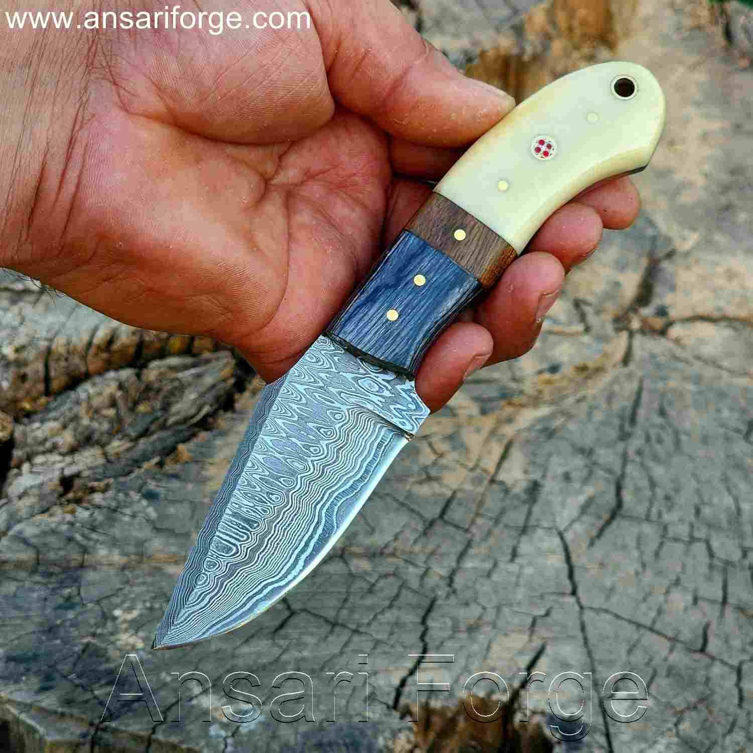 Damascus Cowboy Knife with Horizontal Sheath - Custom Hand Forged with Camel Bone Handle
