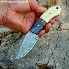 Damascus Cowboy Knife with Horizontal Sheath - Custom Hand Forged with Camel Bone Handle