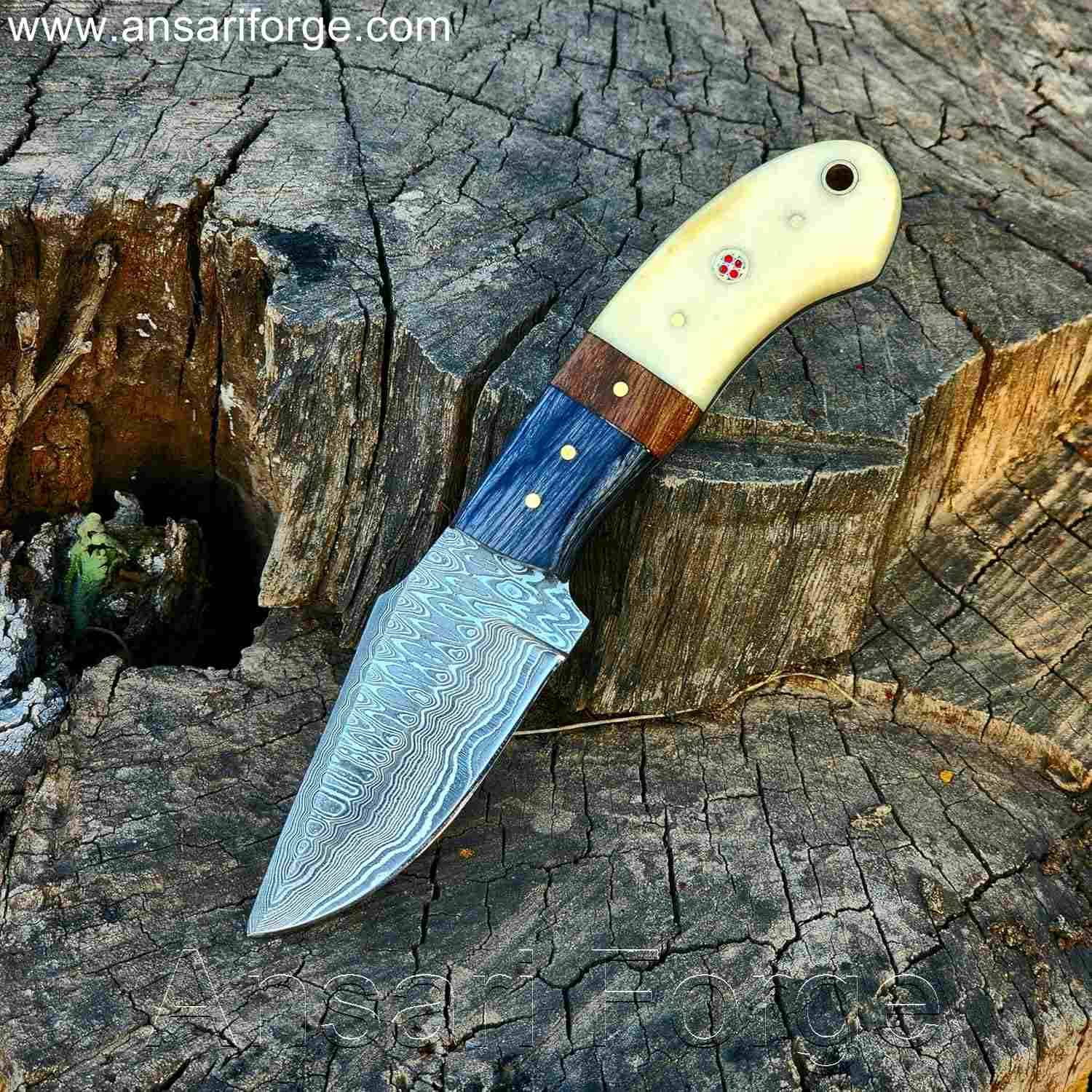 Damascus Cowboy Knife with Horizontal Sheath - Custom Hand Forged with Camel Bone Handle