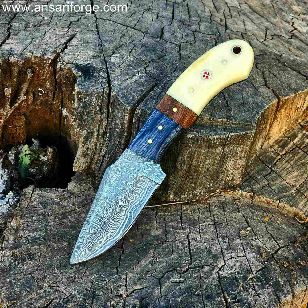 Damascus Cowboy Knife with Horizontal Sheath - Custom Hand Forged with Camel Bone Handle