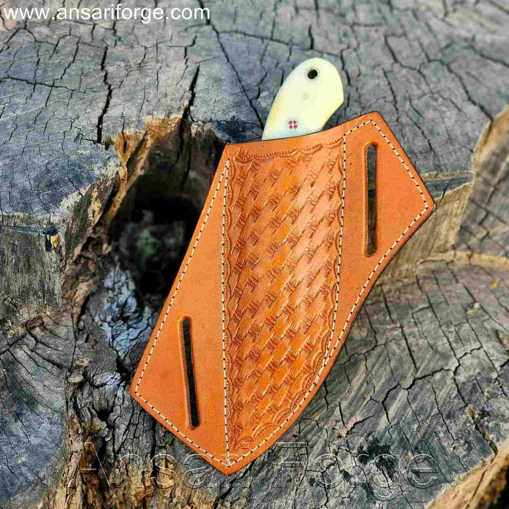Damascus Cowboy Knife with Horizontal Sheath - Custom Hand Forged with Camel Bone Handle