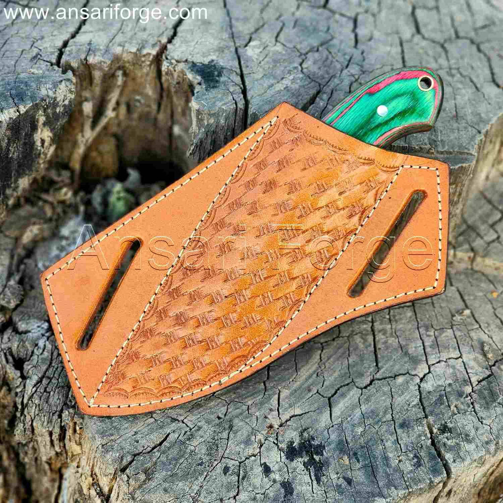 Cowboy Knife With Sheath - Hand-Forged 1095 High Carbon Steel, Full Tang, Pakka Wood Handle, Cowhide Leather pancake Sheath