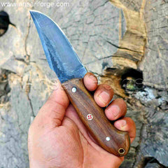 Traditional Cowboy Knife, hand-forged 5160 high carbon steel blade, rosewood handle, and leather sheath.