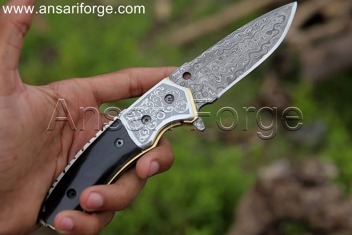 Custom Damascus Pocket Knife Open - Revealing Raindrop Pattern Damascus Steel Blade