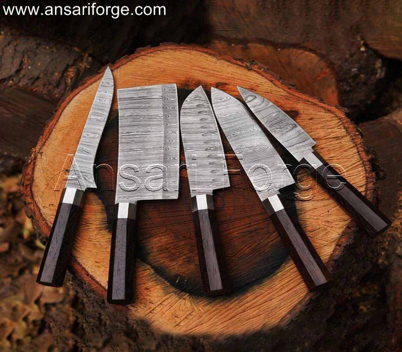Damascus Chef Knife Set with Hand-Forged Steel Blades and Ebony Wood Handles