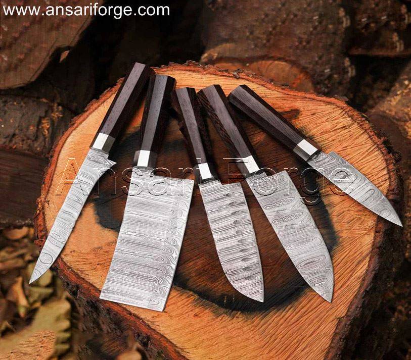 Damascus Chef Knife Set with Hand-Forged Steel Blades and Ebony Wood Handles