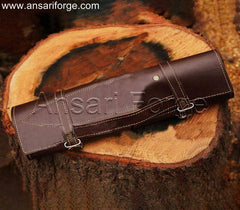 Full Damascus Chef Knife Set in Cowhide Leather Roll Bag