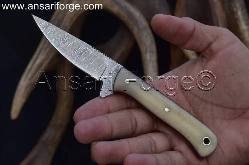 Cowboy Knife with Damascus Steel Blade and Camel Bone Handle