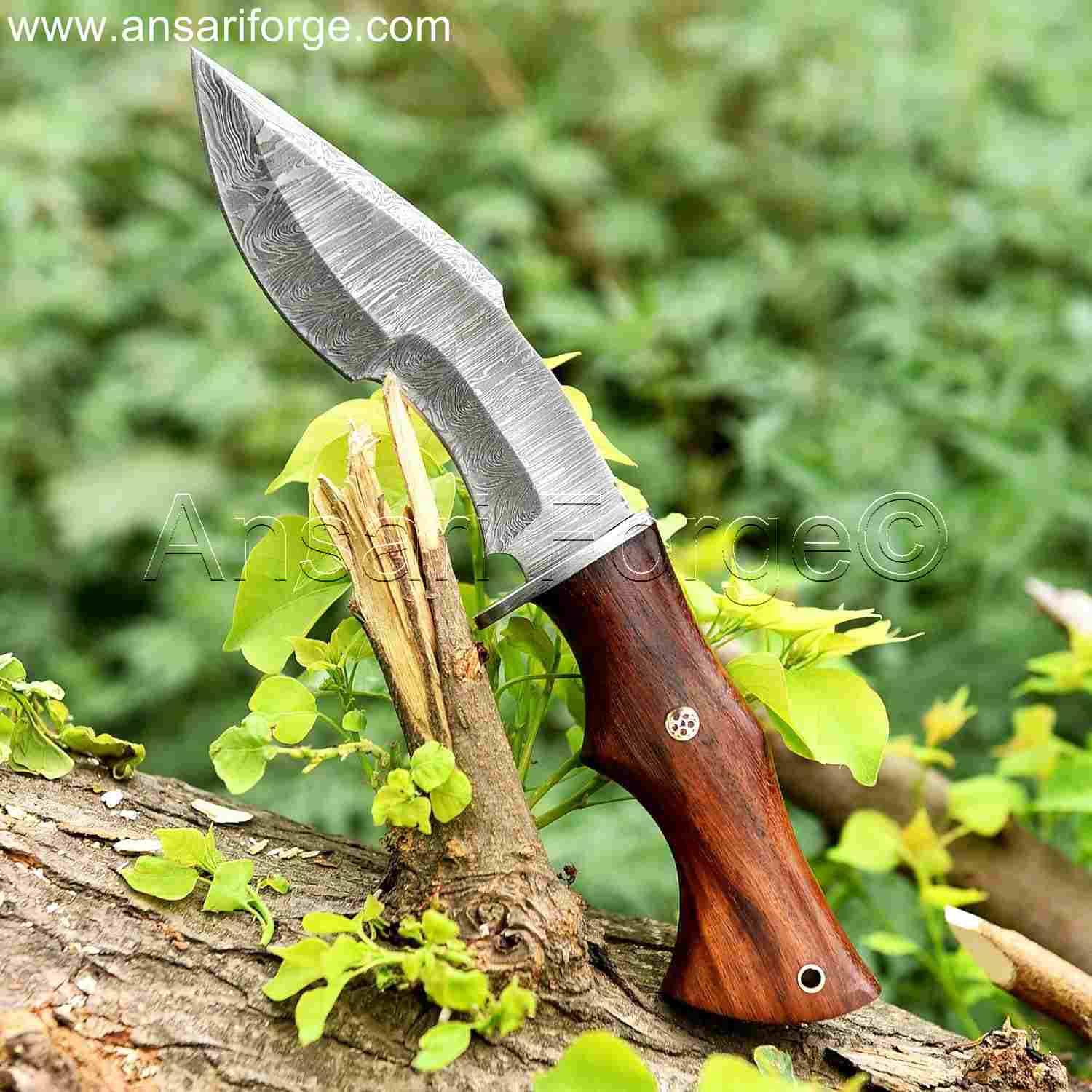 Small Kukri Knife with Damascus Finger Guard and Rosewood Handle