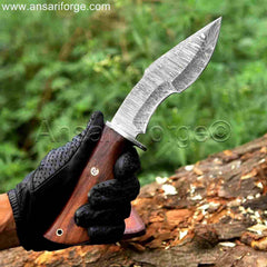 Handmade Damascus Steel Small Kukri Knife with Rosewood Handle.