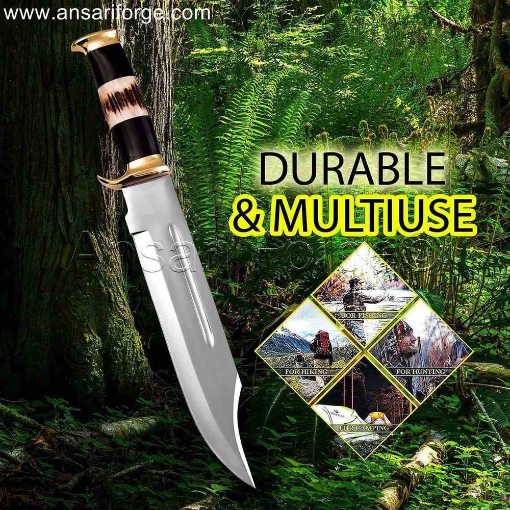 Crocodile Dundee Knife - Handmade Bowie Knife Replica with Sambar Stag Antler Handle and Leather Sheath.
