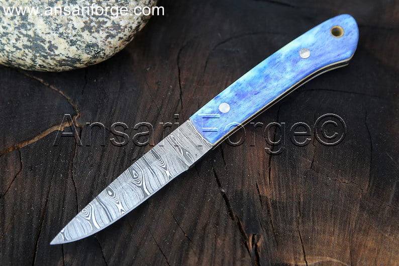 Custom Damascus Bird And Trout Knife, handmade with 1095 & 15n20 Damascus steel, featuring a twist pattern and camel bone handle.